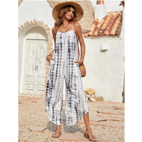 Rouge! Pants - Tie Dye White Grey Cami Jumpsuit Loose Fitting Asymmetric Hem Cropped